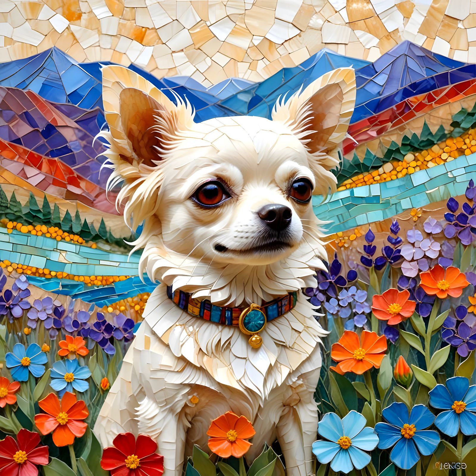 Impasto Kintsugi Mosaic of a Chihuahua in a Vibrant Ochre Me...