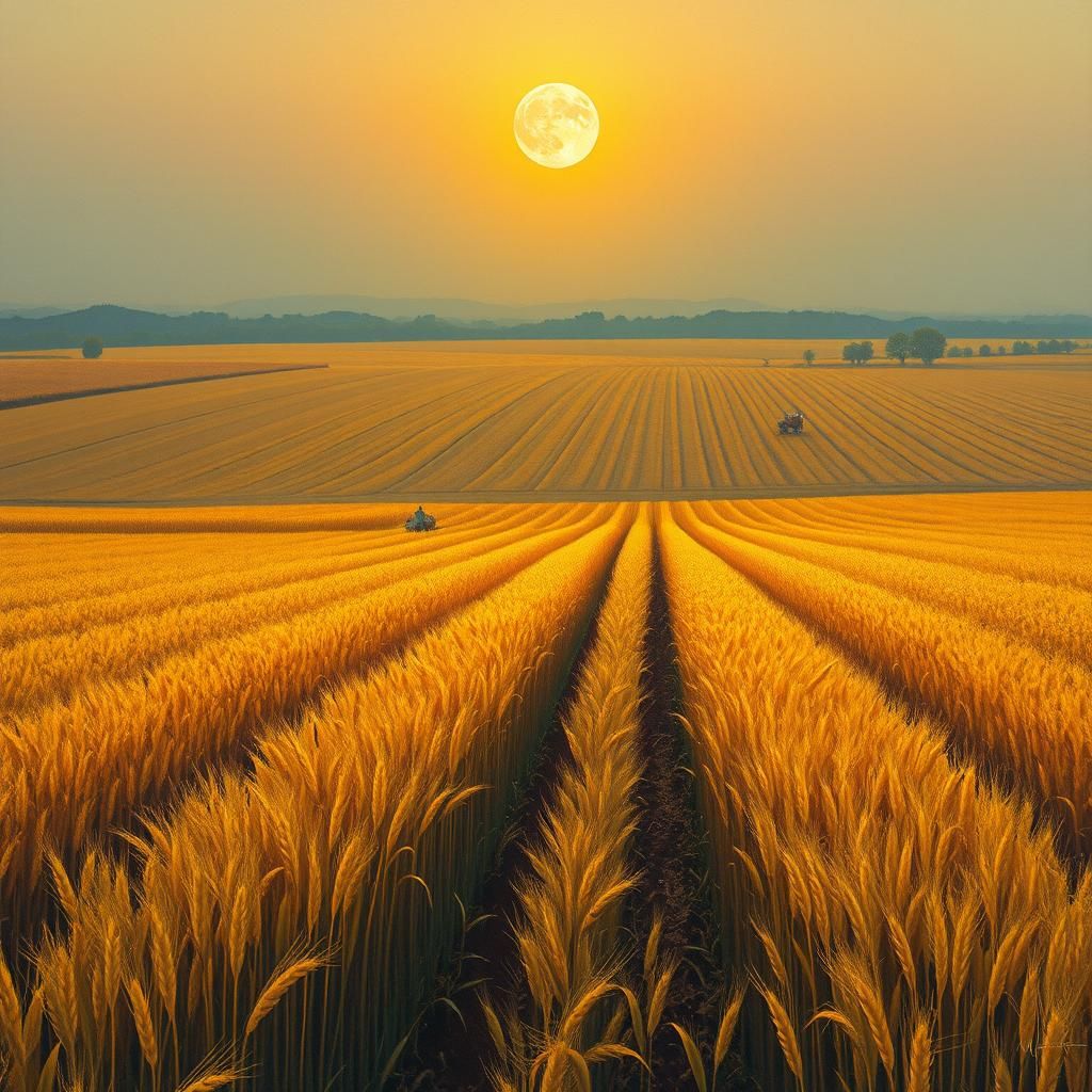 Harvest Moon Over Farmland in Impressionistic Gouache