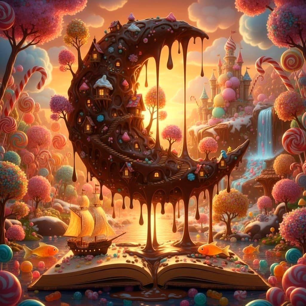 Surreal Chocolate Moon Landscape with Candyland Elements