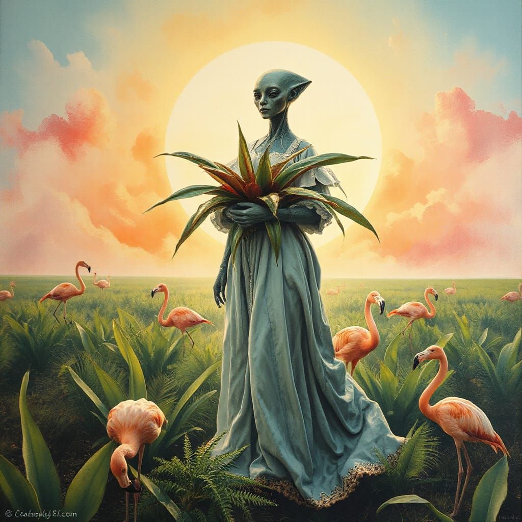 Alien Woman with Flamingos in a Magical Field