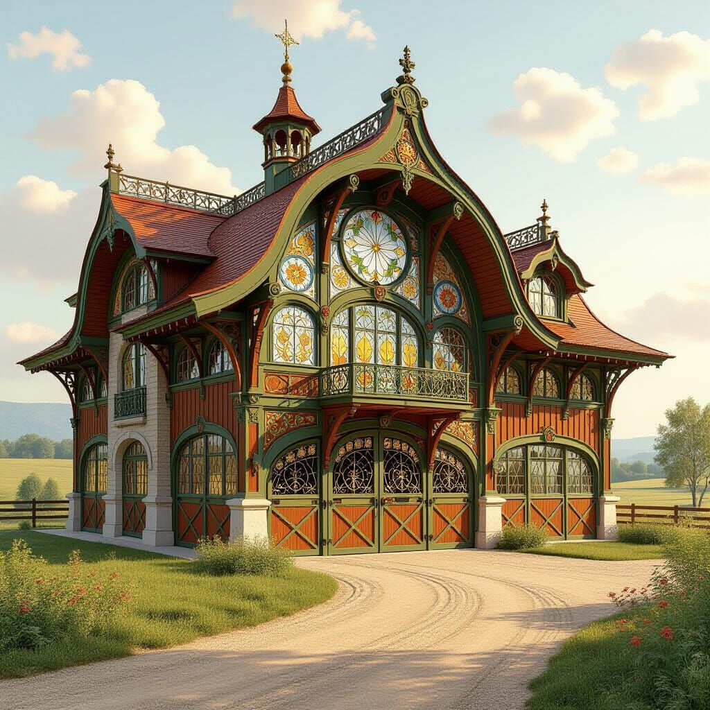 Art Nouveau Barns with Stained Glass and Floral Motifs