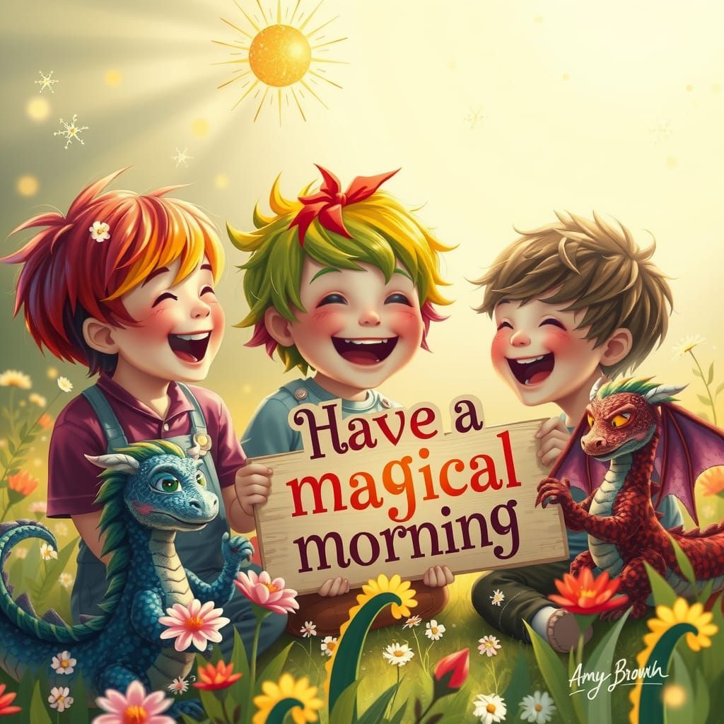 Rainbow-Haired Boys and Dragons in Sunlit Meadow