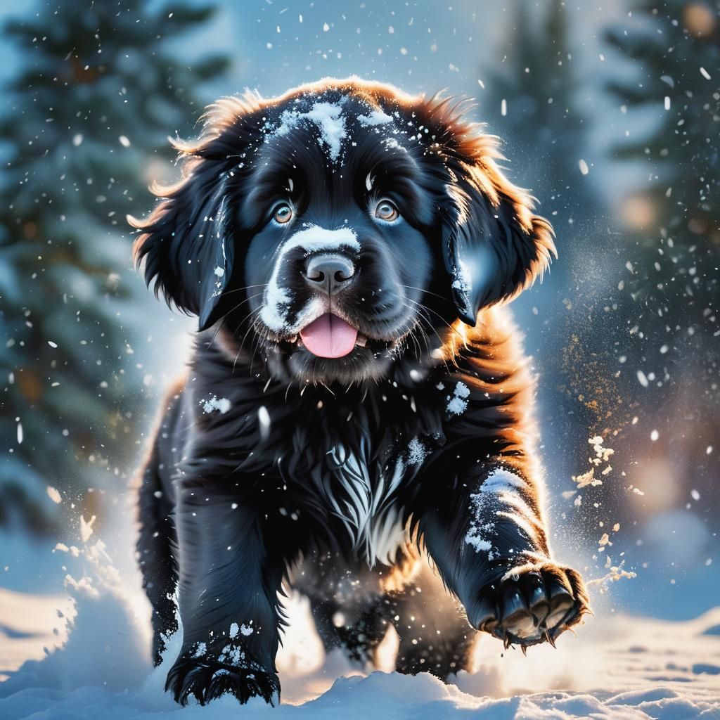 Hyperrealistic Newfoundland Puppy Plays in Snow