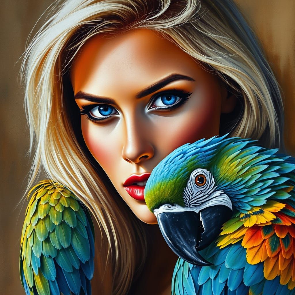 Elegant Portrait of a Blonde Woman with a Vibrant Macaw