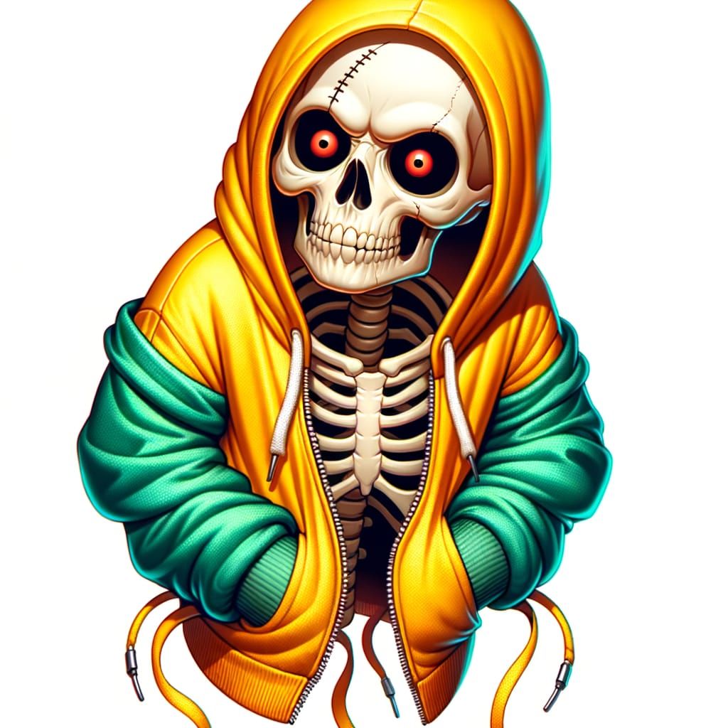 Floating Skeleton in Yellow Hoodie with Expressive Skull