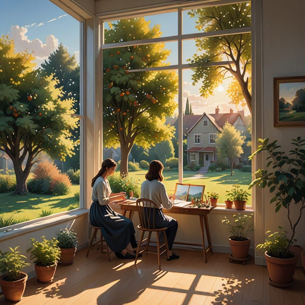 Ladies working in a cozy home in the late afternoon.