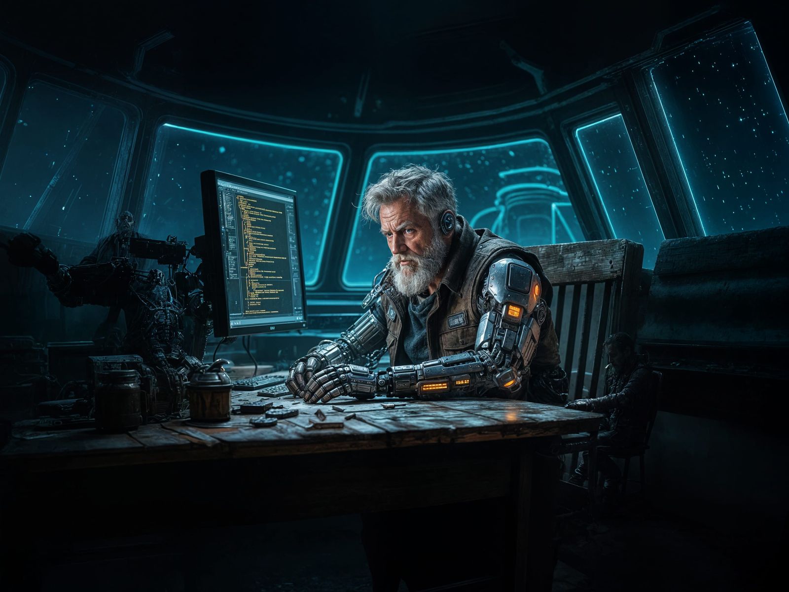 Cybernetic Man at Desk in Hyperrealistic Style