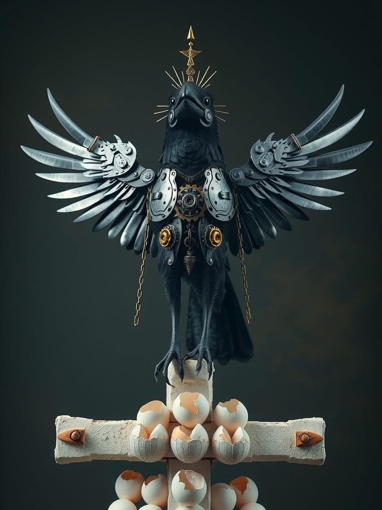 Biomechanical Crow Crucified on Eggshell Cross