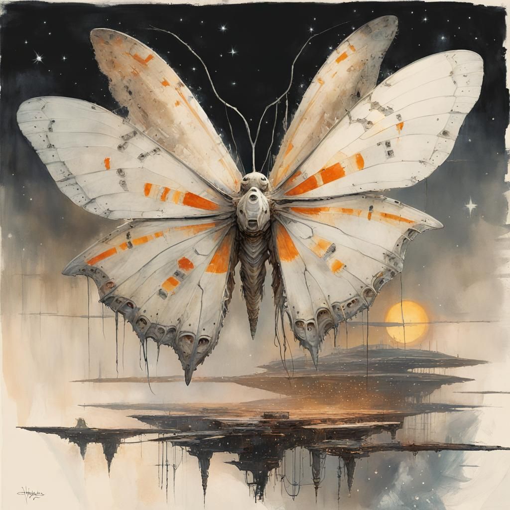 Albino Moth in Retro-Futuristic Starry Sci-Fi
