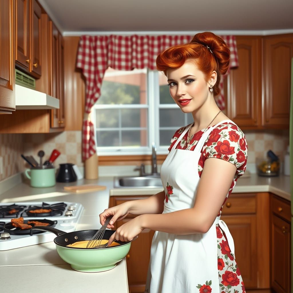 1970s Housewife in Kitchen, Photorealistic Style