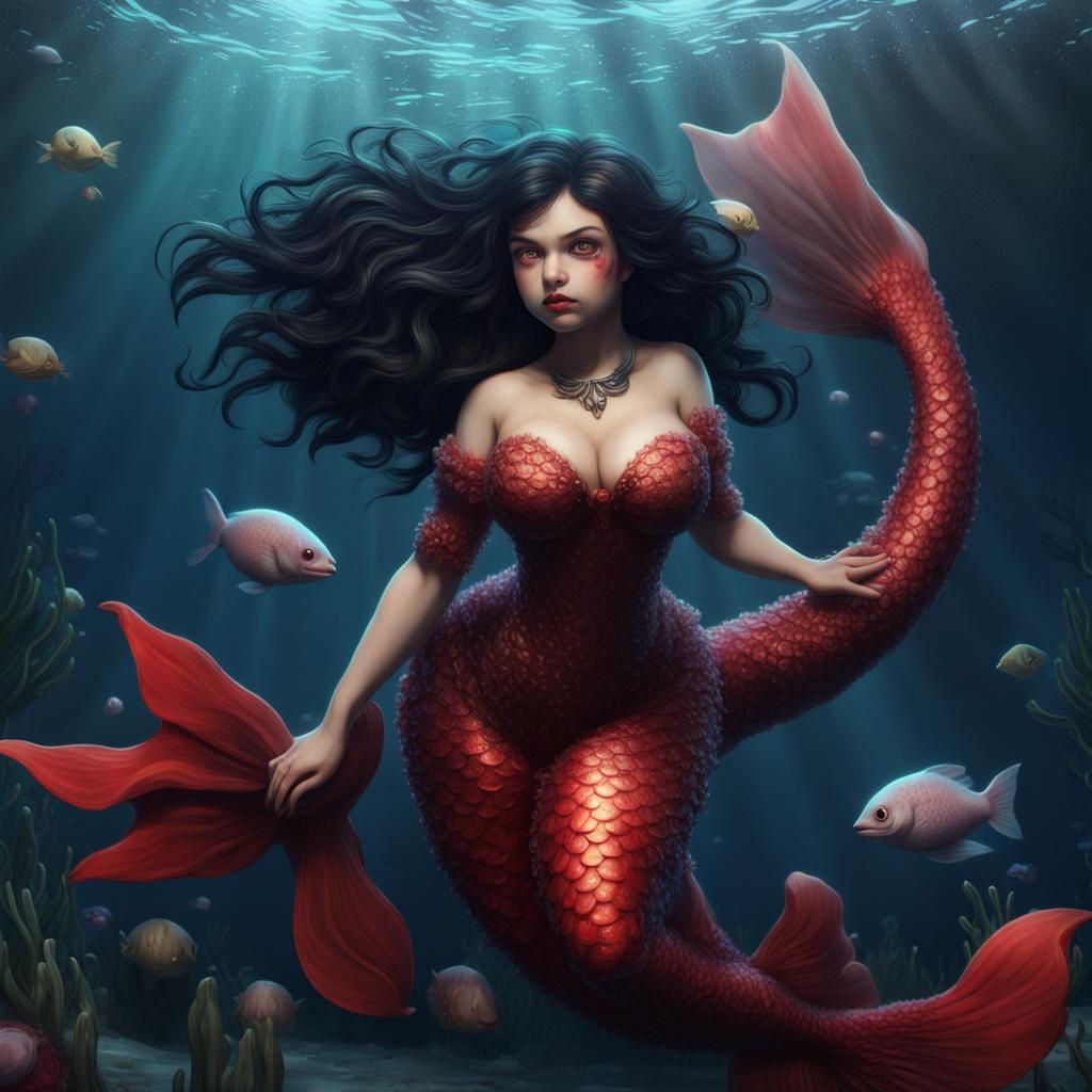 Chubby Mermaid with Red Eyes: Detailed Digital Painting