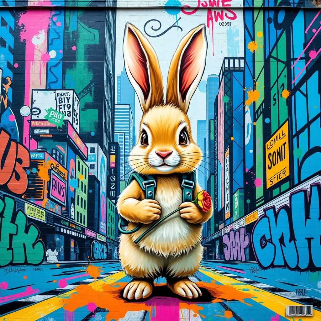 Lost Bunny Amidst Vibrant City Streets in Whimsical Art Styl...