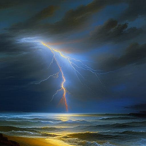 Dramatic Ocean Lightstorm in Oil Painting Style