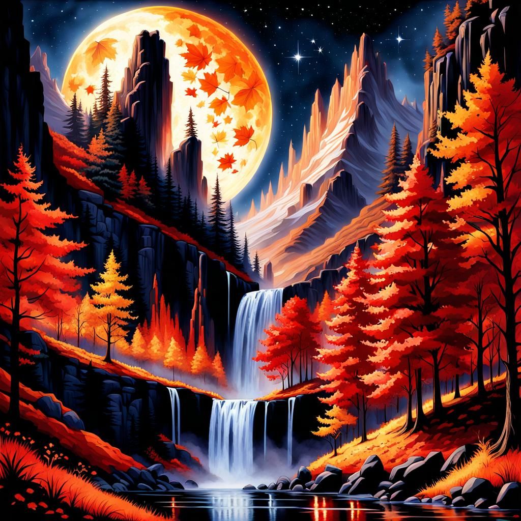 Gothic Autumn Waterfall Landscape with Lava and Stars