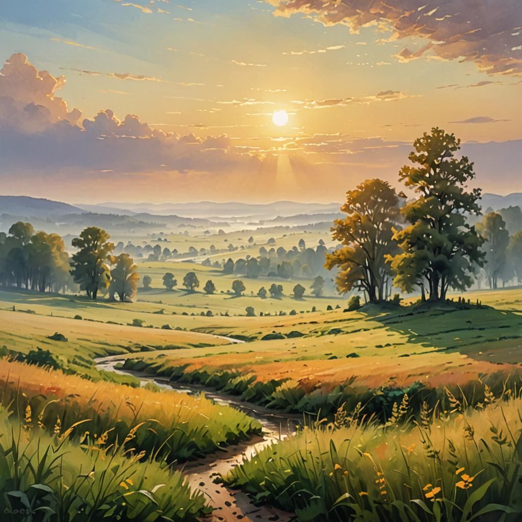 Idyllic Meadow in Morning Mist: A Tranquil Landscape