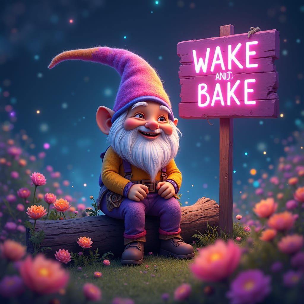 Smiling Gnome on Log with Astral Background