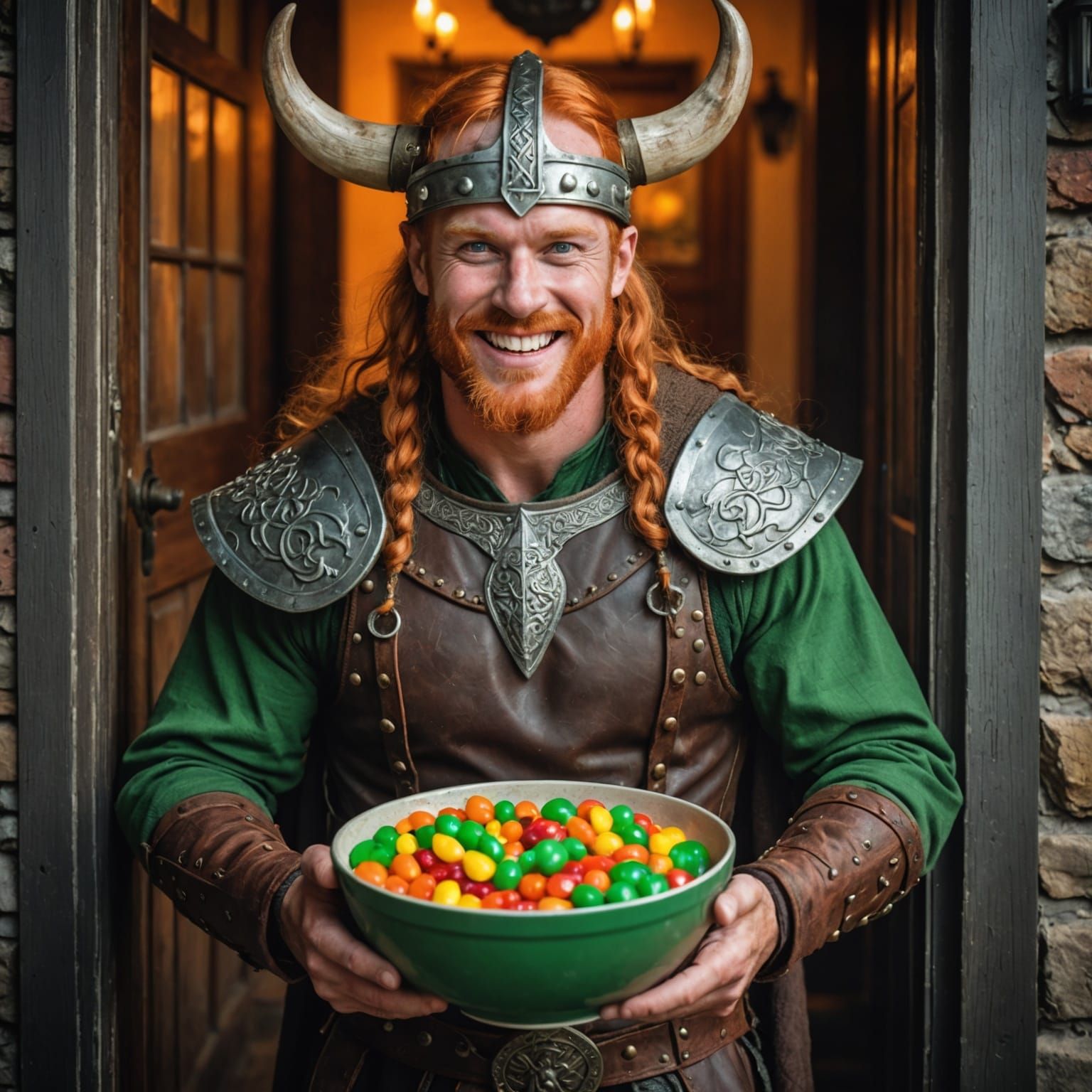 Viking Halloween Costume with Candy, Hyperrealistic Image