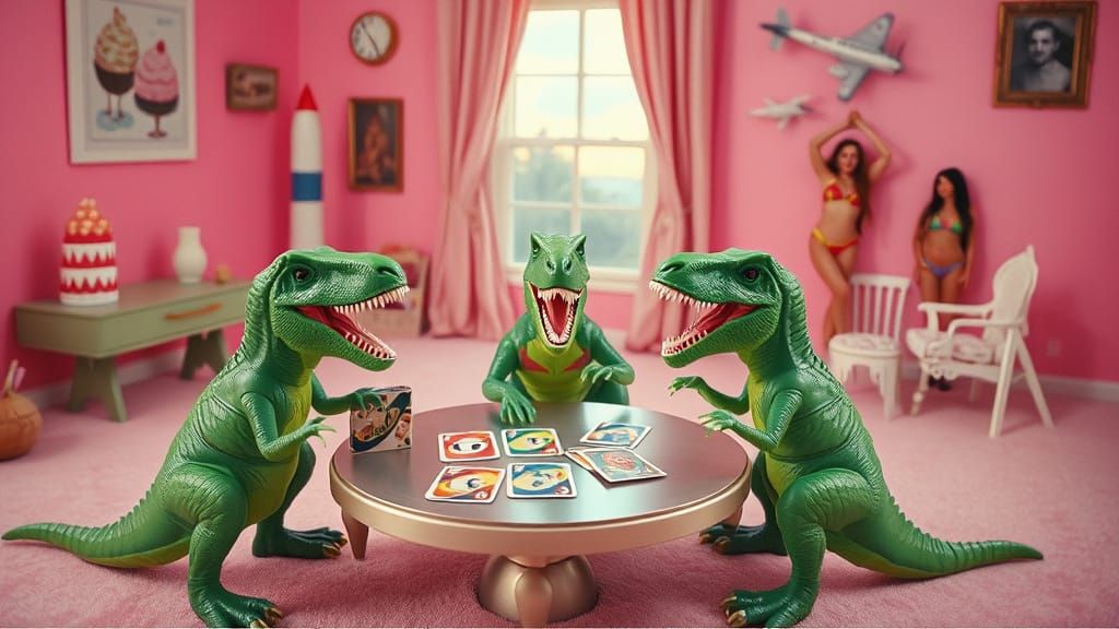 T-Rex Toys Play Uno in Quirky Room