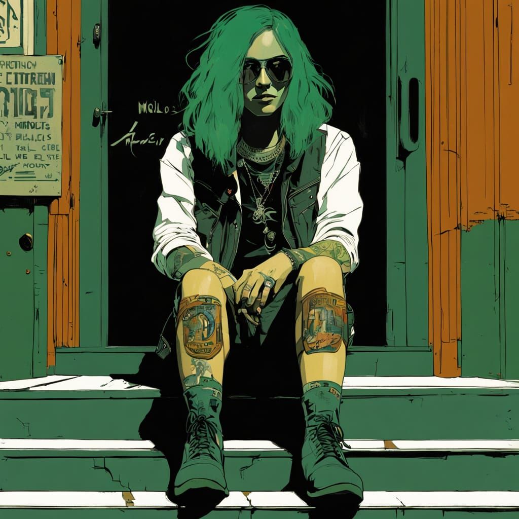 Grunge Goddess Squats in Futuristic Music Venue Entrance