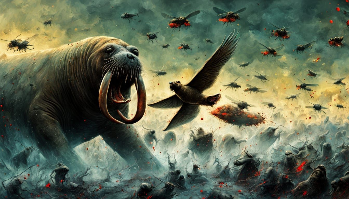 Walrus Shaking Bees in Dark Fantasy Art
