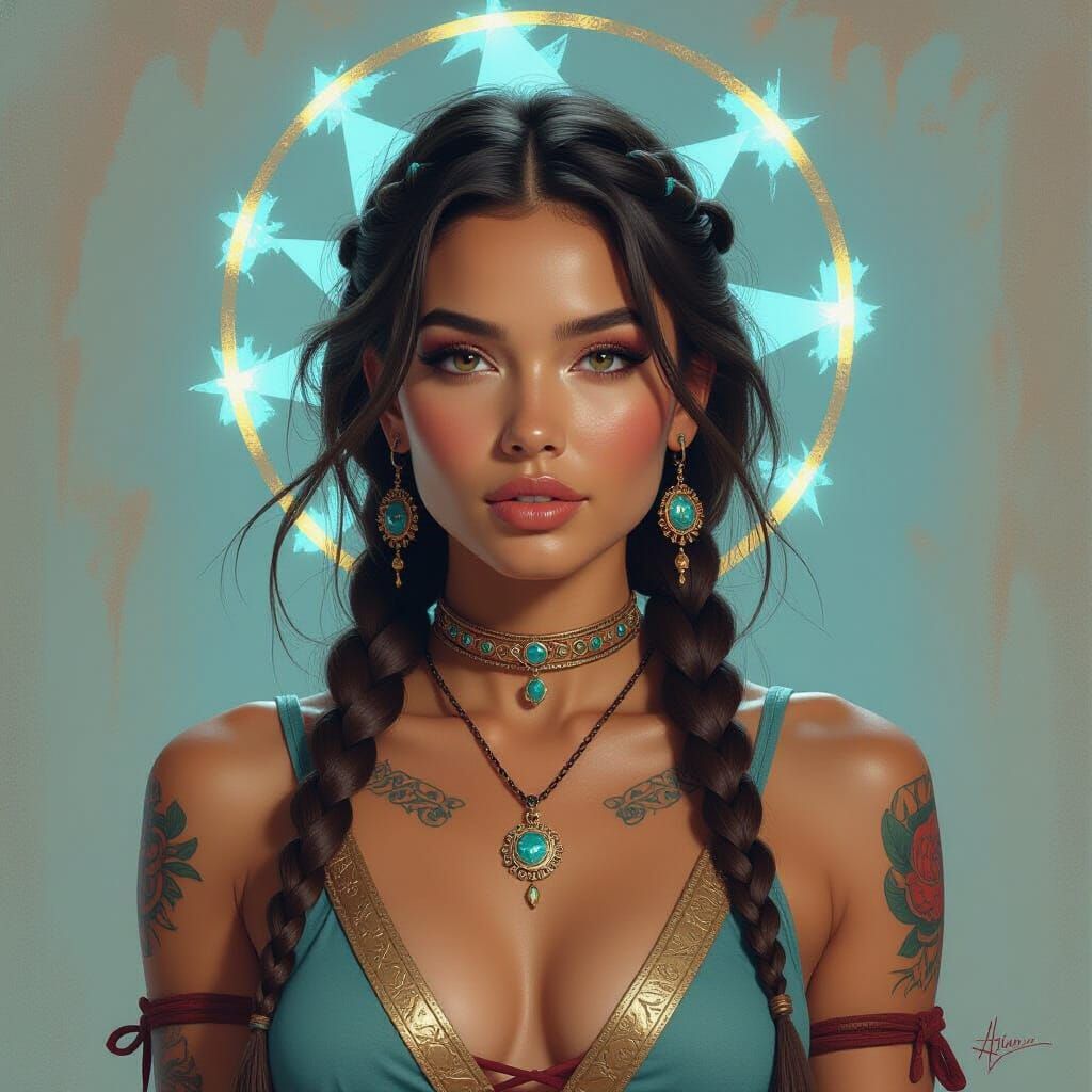 Mystical Woman with Glowing Skin in Mixed Media Style