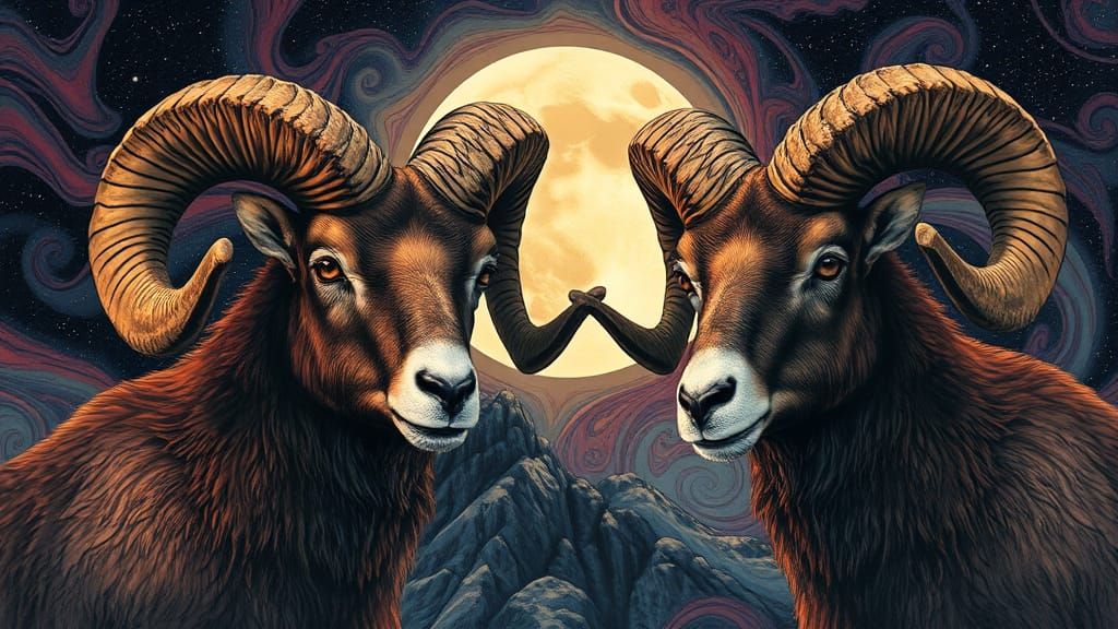 Majestic close-up portrait of two big horn rams, their rugge...