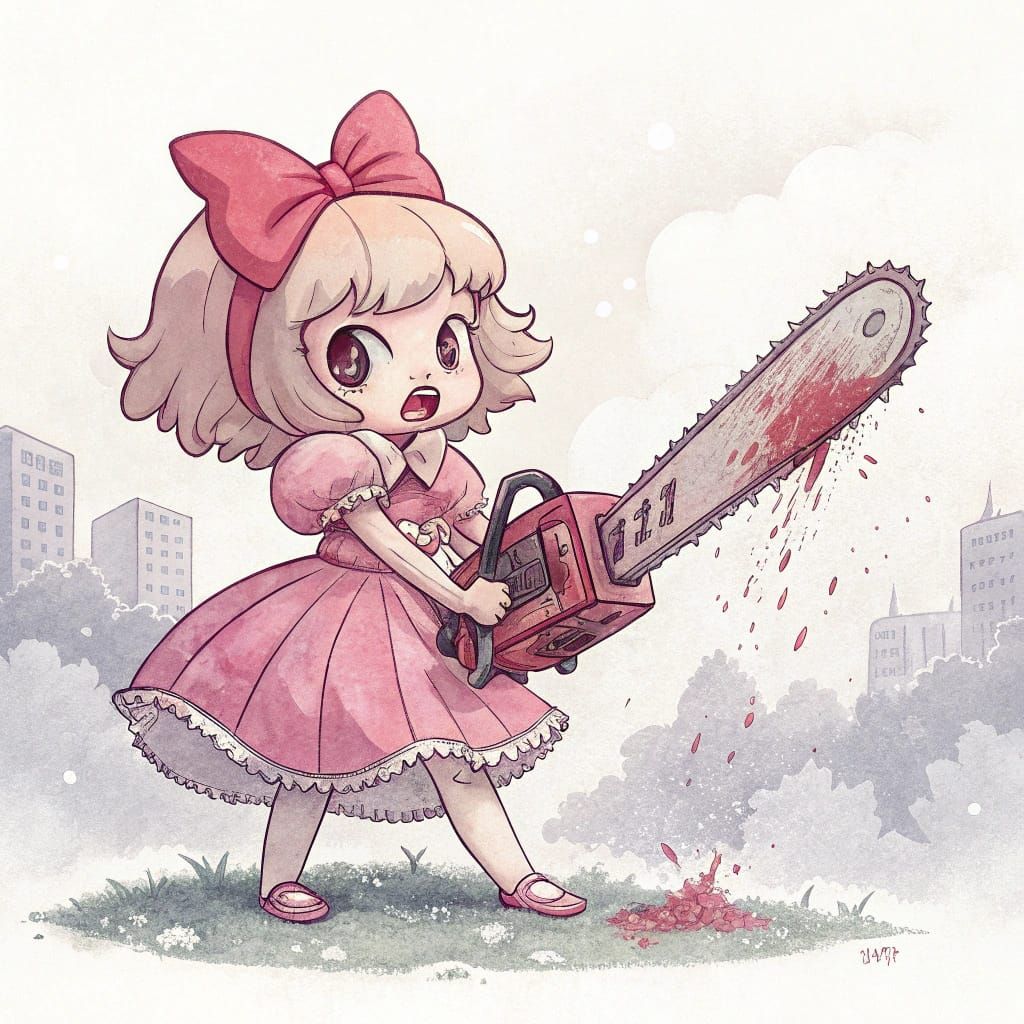 Kawaii Chainsaw Girl in a Whimsical Urban Landscape