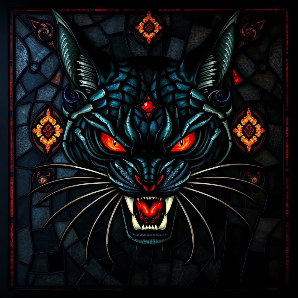 Gothic Hellcat with Red Eyes and Razor-Sharp Fangs