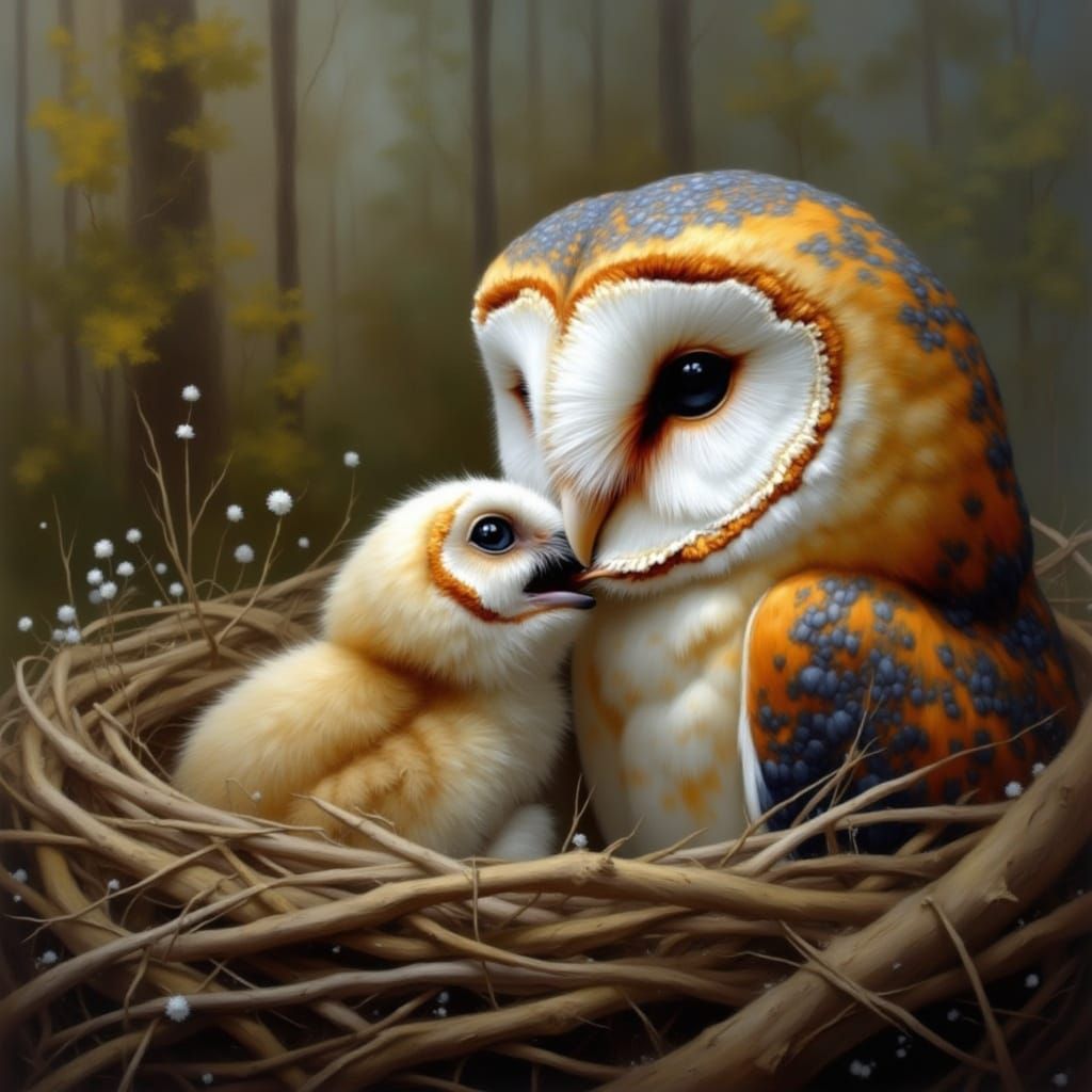 Mama Barn Owl Feeds Chicks in Grungy Nest