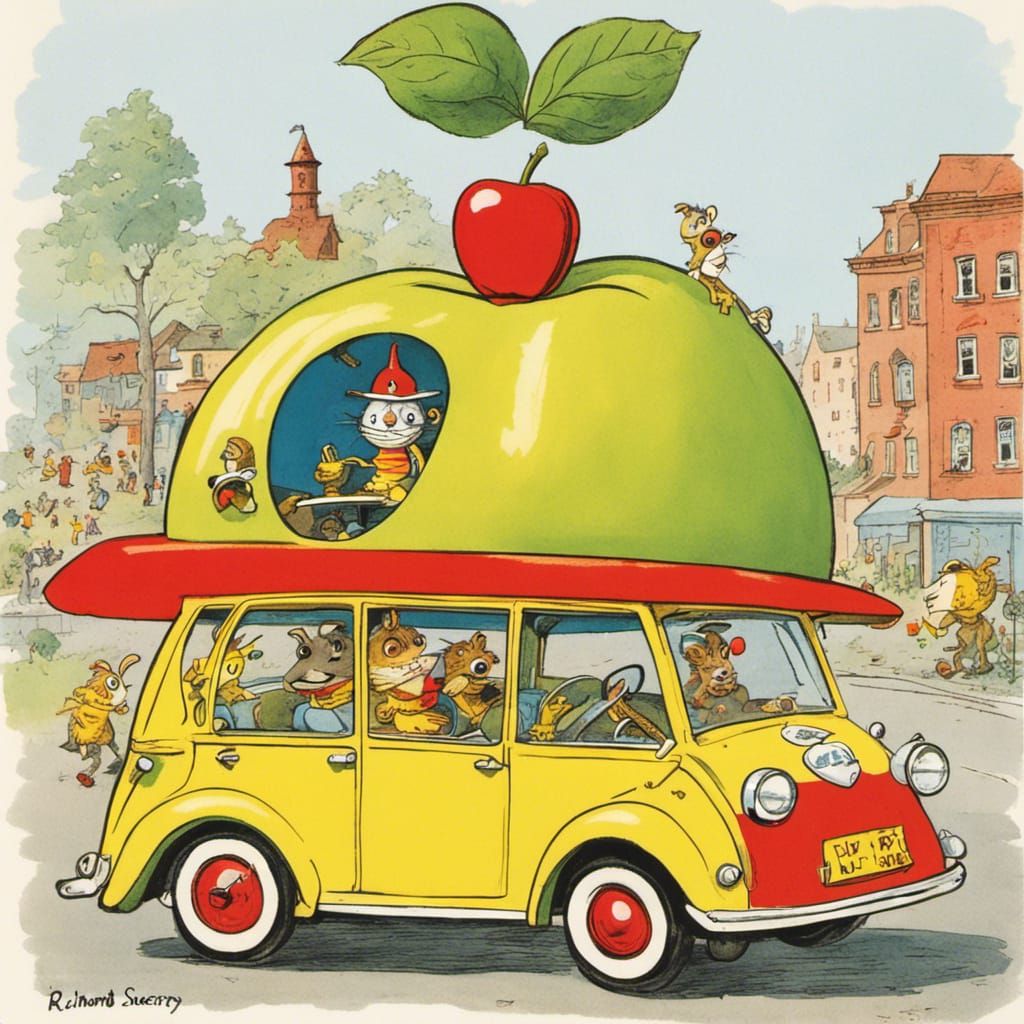 Lowly Worm Drives Apple Car Illustration