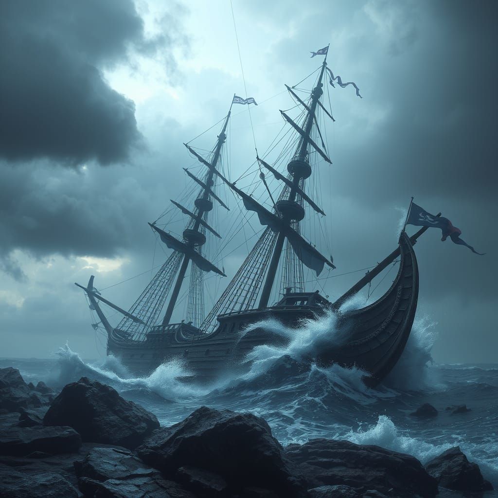 Menacing Pirate Galleon in a Stormy Seascape