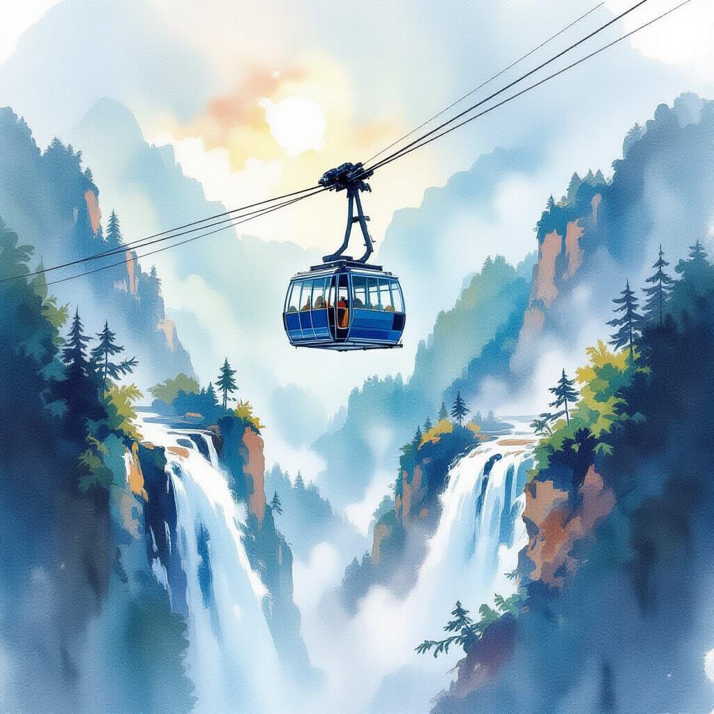 Whimsical Cable Car Above Waterfall Cliffs Watercolor Painti...