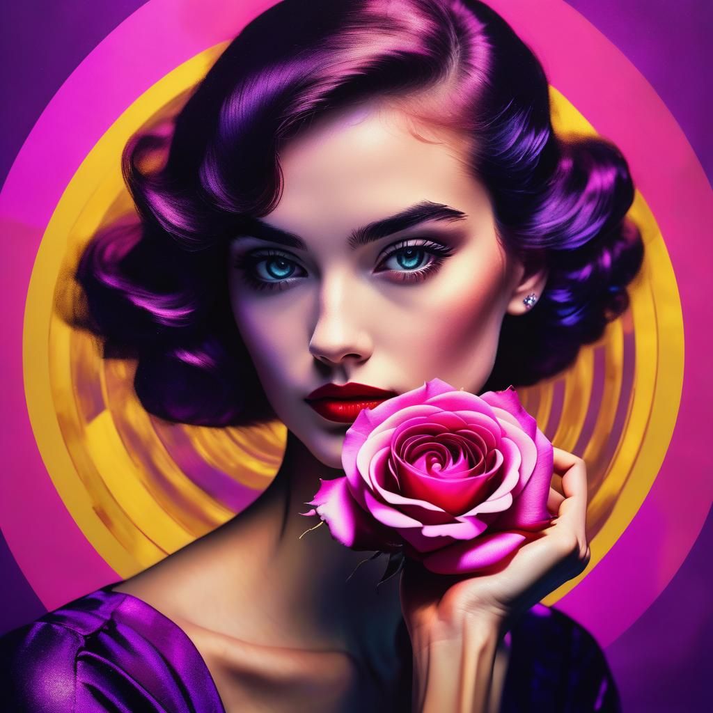 Pop art of a beautiful vintage young woman holding a vintage rose on a portrait