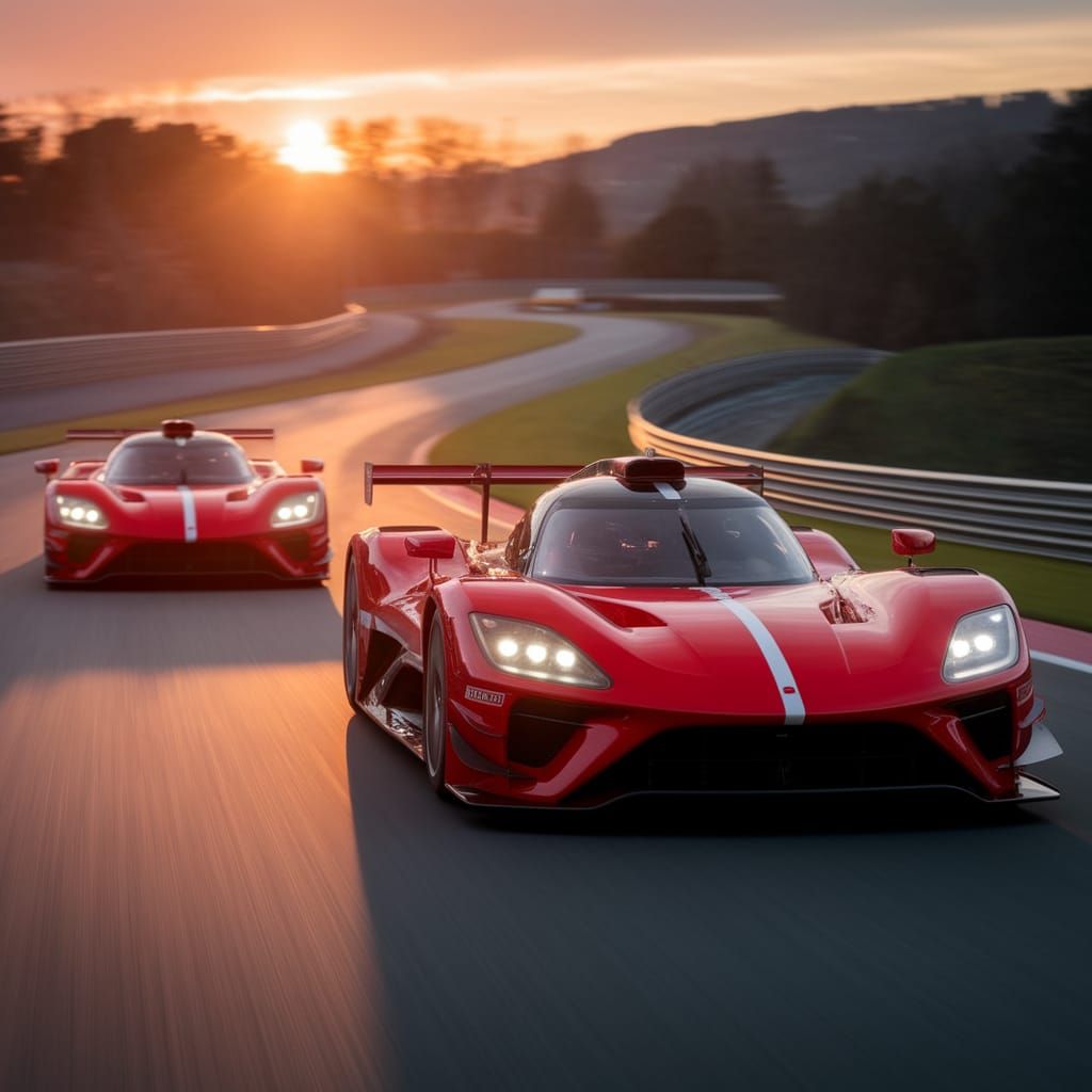 Sleek Red Race Cars Speed Down Winding Track at Dusk