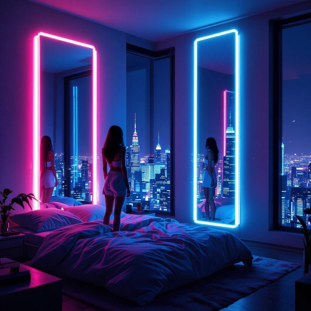 Futuristic Bedroom Reflecting City Lights in Neon Style