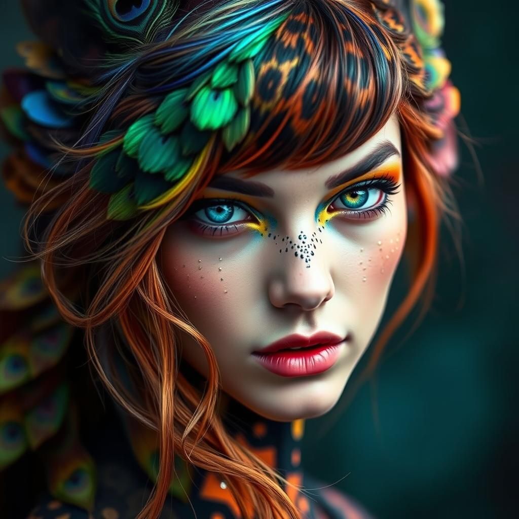 Rainbow Dragon Woman with Peacock Hair, Fantasy Art