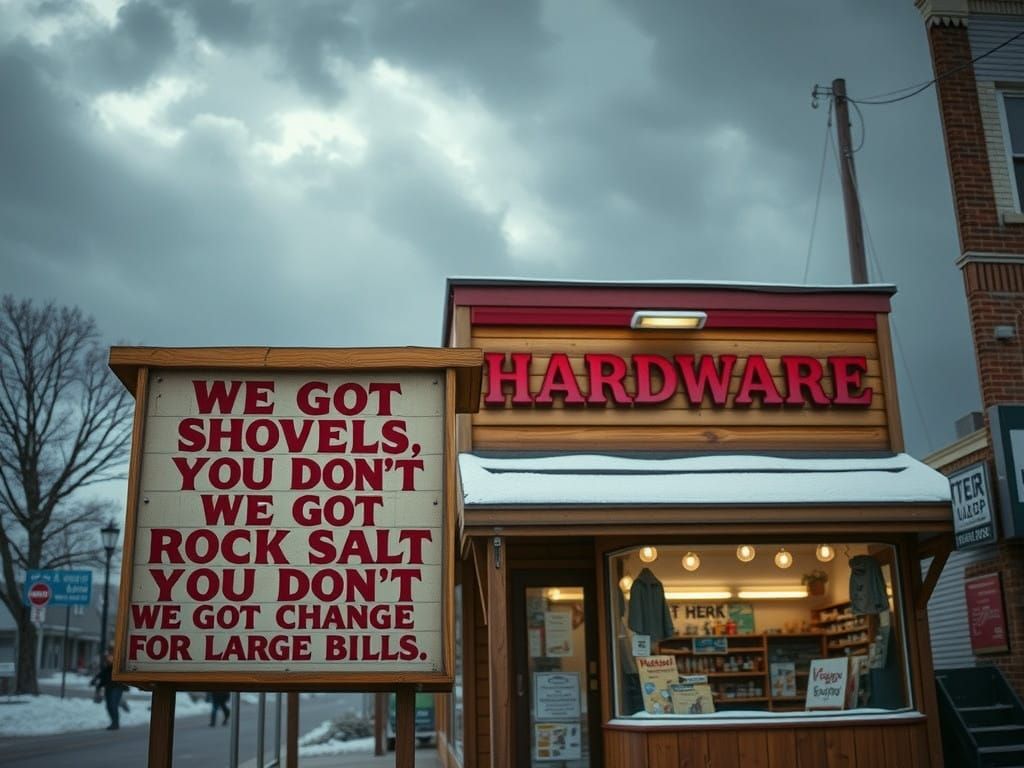 Winter Storm Approaches a Cozy Hardware Store