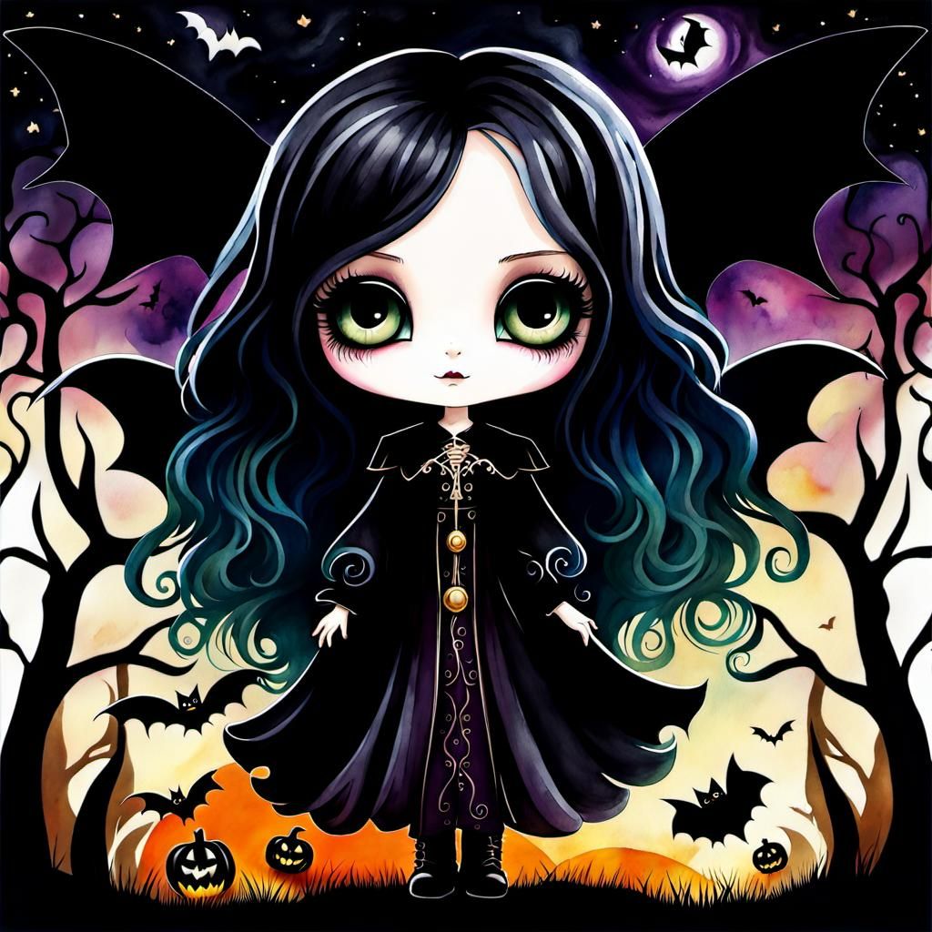 Creepy Gothic Chibi Doll in Watercolor Style