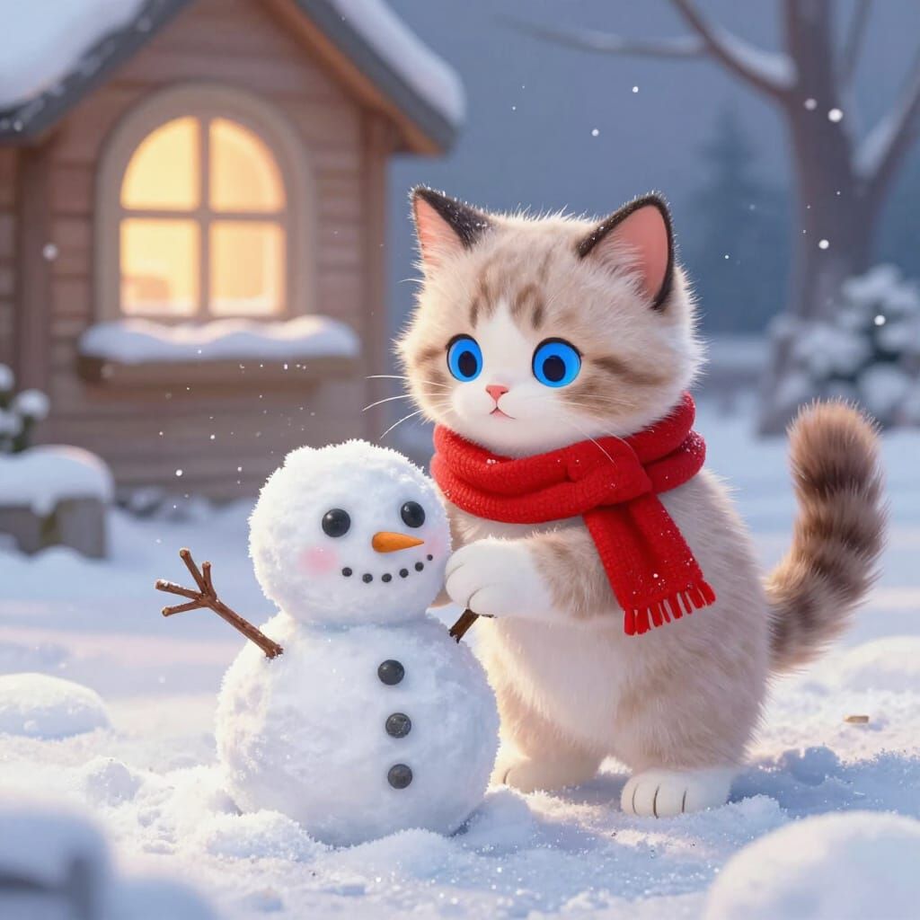 Fluffy Kitten Building Snowman in Winter Wonderland