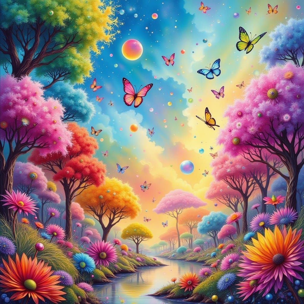 Vibrant Fairy Punk Landscape with Dark Glitch Aesthetic