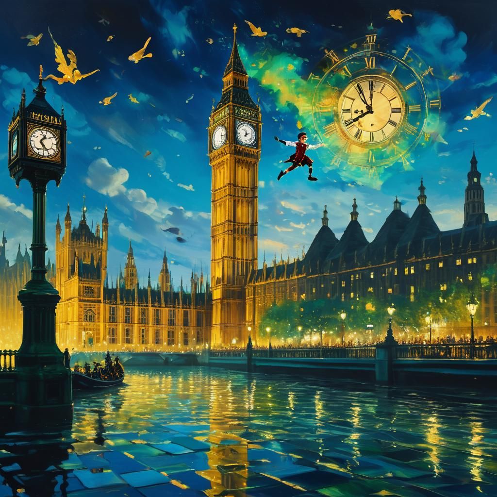 Peter Pan Soars Before Big Ben: Fantasy Art