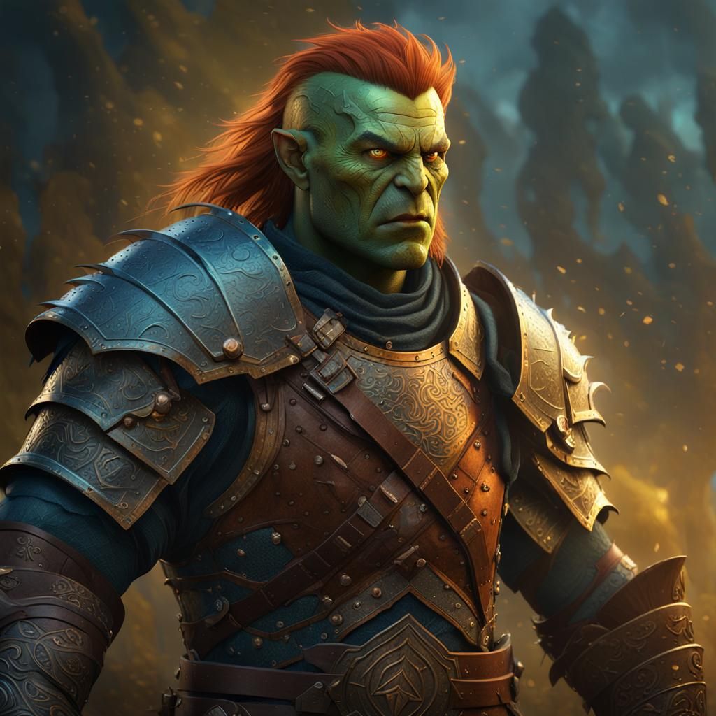 Heroic Half-Orc Warrior in Detailed Fantasy Art