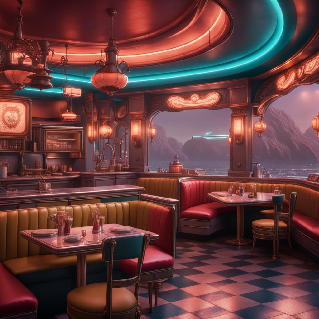 1980s Diner: Detailed Matte Painting in Deep Color