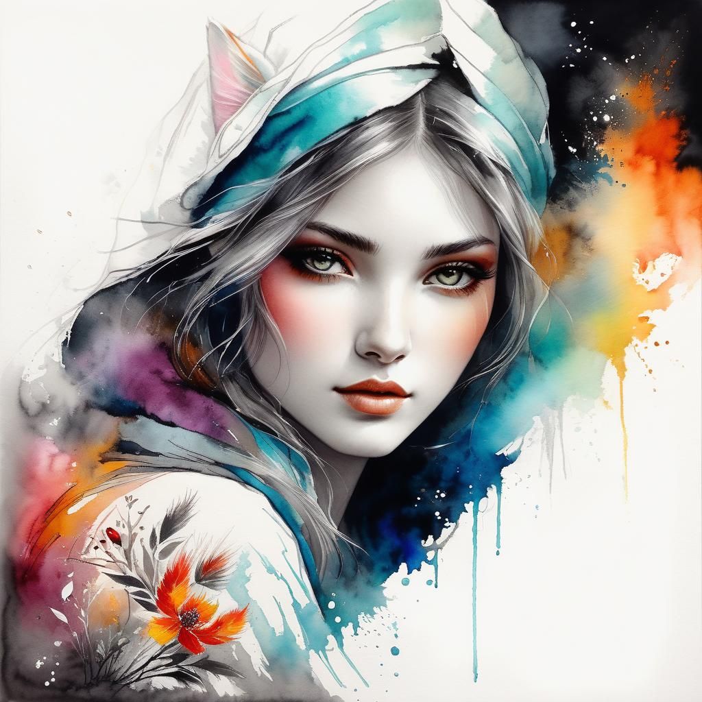 Vivid Kemonomimi Girl in Ink Wash Style