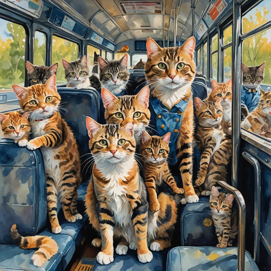 Proud Mom Cat and Kittens in Gouache Style