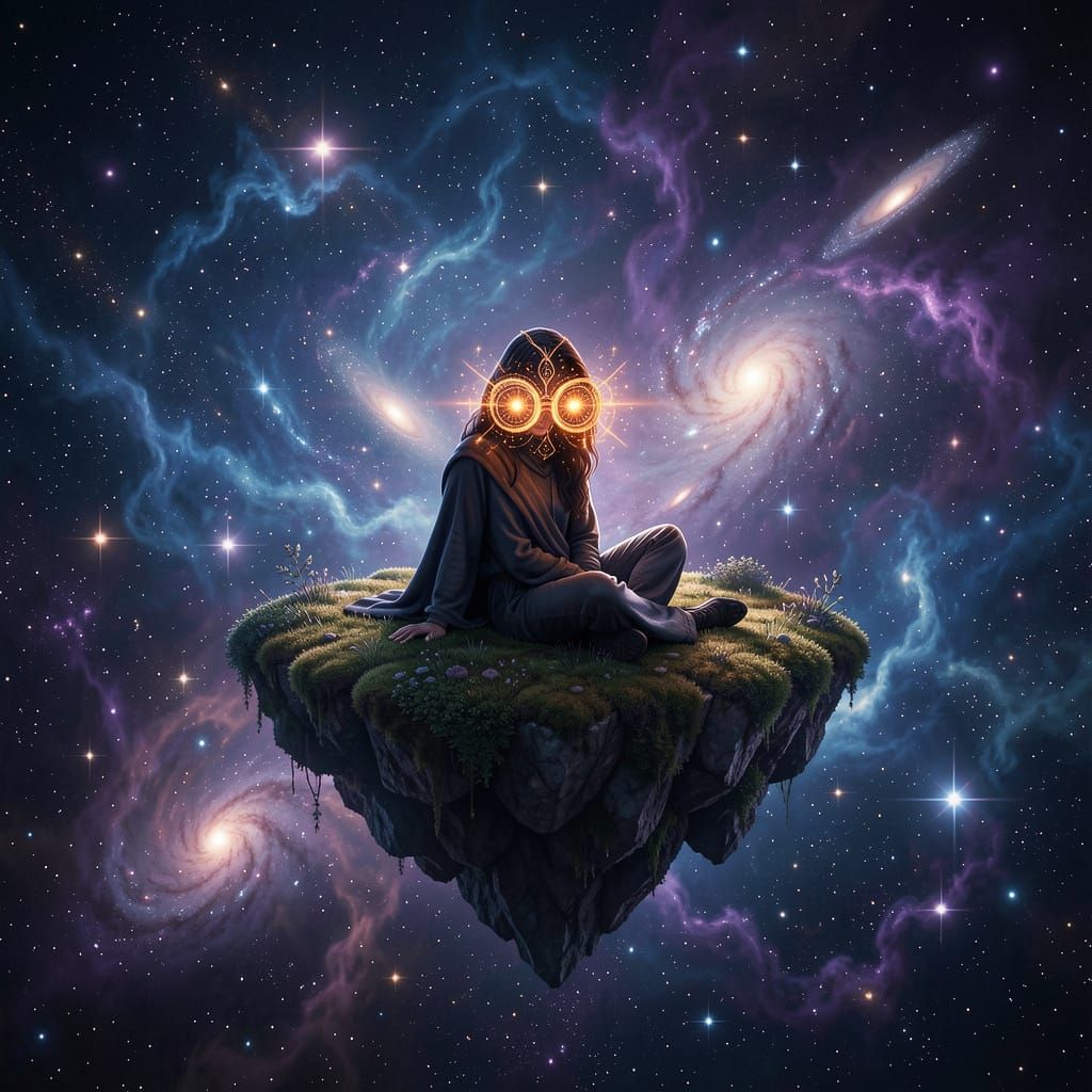 Figure in Glowing Spectacles on Floating Island in Cosmic Sk...