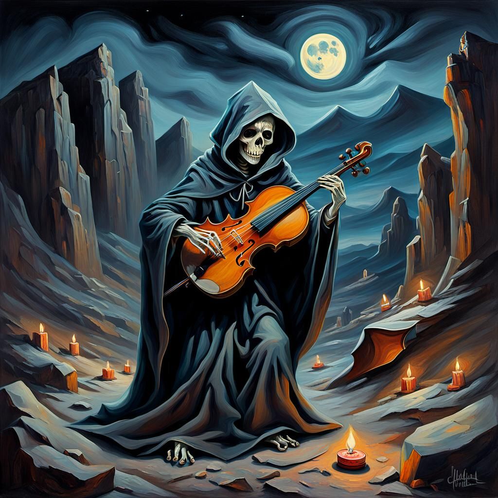 Dance Macabre: Eerie Oil Painting of Skeletal Fiddler