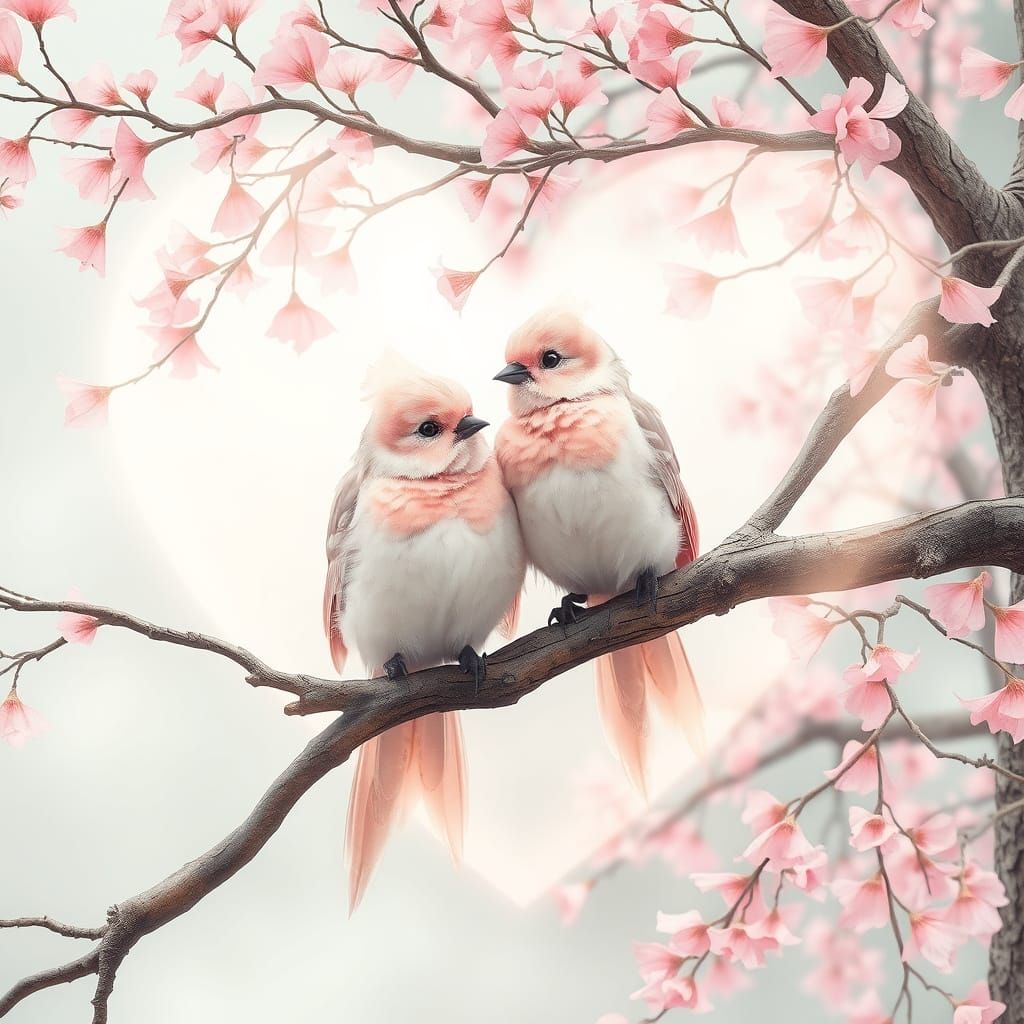 Two mystical birds perched on a Ginkgo tree
