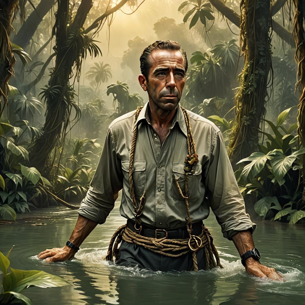 Humphrey Bogart chest deep in African jungle water pulls the African Queen behind him.
