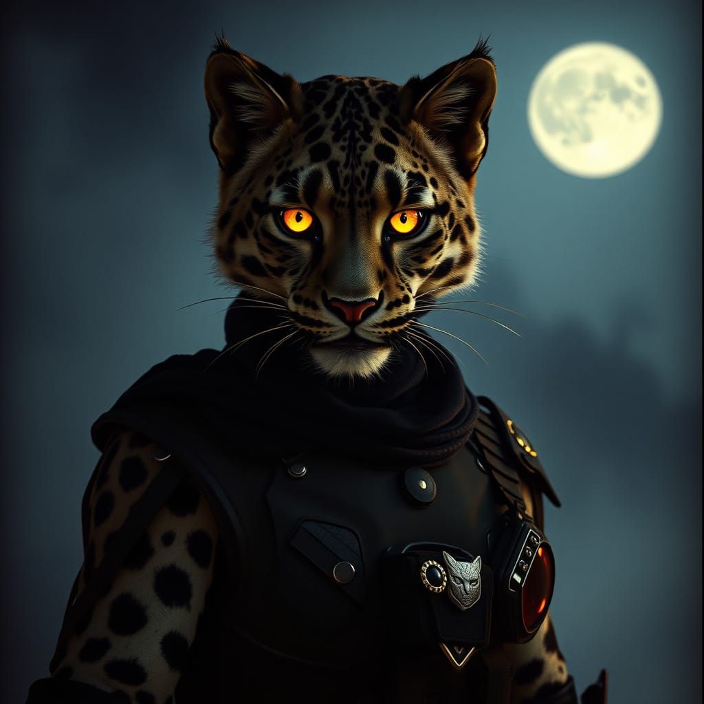 Snow Leopard Vampire Soldier in Moonlight, Cinematic Still